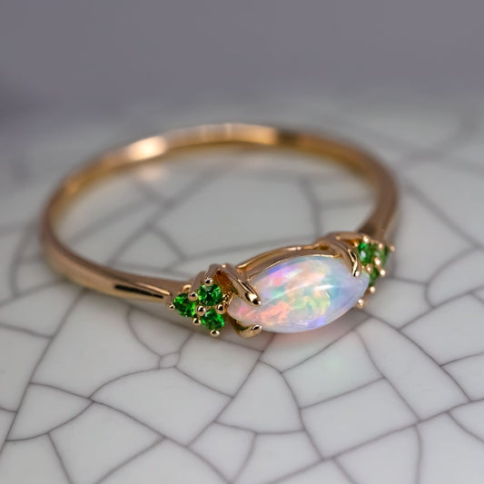 Minimalist Marquise Solid Opal Tsavorite Engagement Ring 18K Yellow Gold