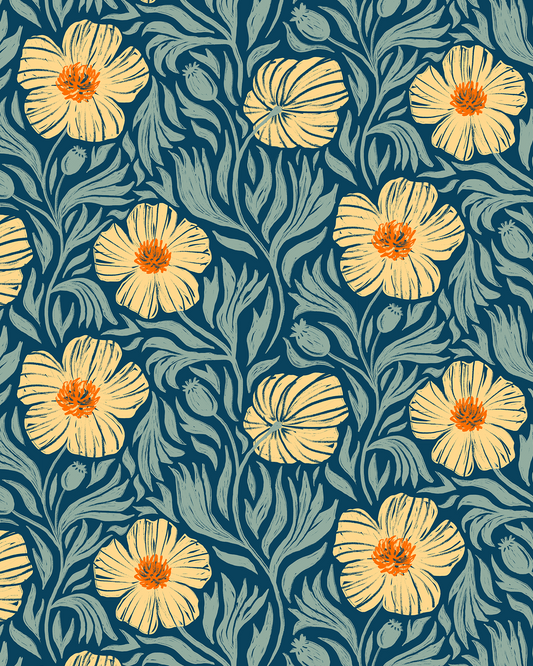 Matilija Wallpaper, navy, orange & mint