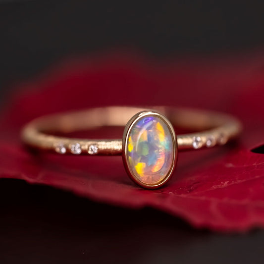 Matte Finish Engagement Ring Crystal Opal Diamond 14K Yellow Gold