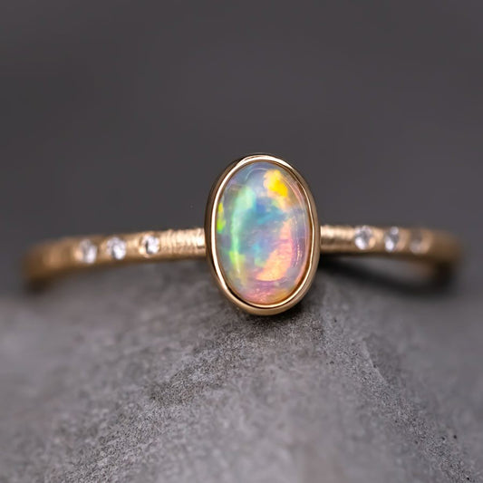 Matte Finish Engagement Ring Crystal Opal Diamond 14K Yellow Gold