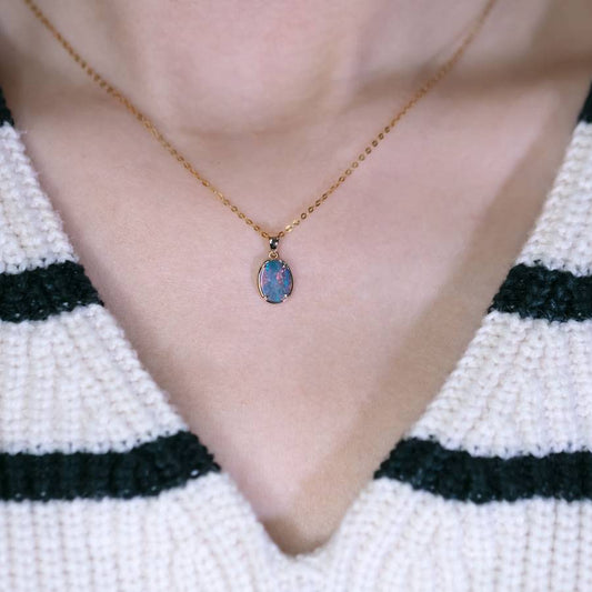 Minimal Style Oval Doublet Opal Pendant Necklace 14k Yellow Gold