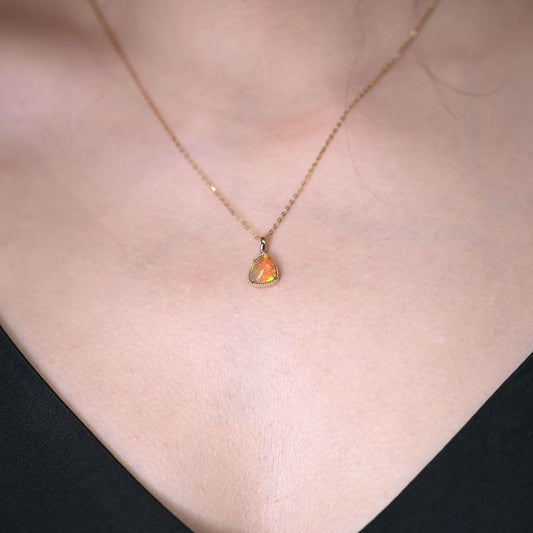 Minimal Triangle Shaped Ethiopian Opal Necklace 14k Yellow Gold