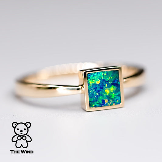 Geometric Square Shaped Australian Doublet Opal Ring 14K Yellow Gold