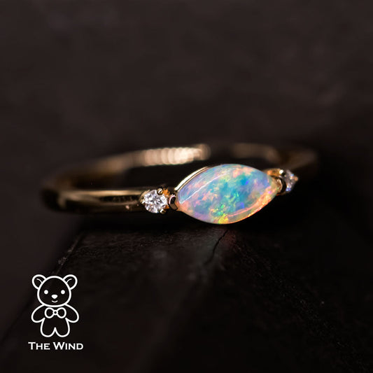 Minimalist Marquise Australian Solid Opal Diamond Engagement Ring 18K Yellow Gold.