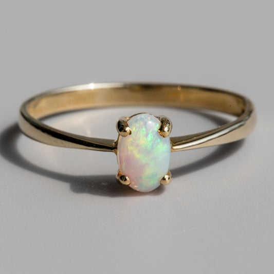 Minimalist Oval Shaped Australian Solid Opal Ring 14K Yellow Gold