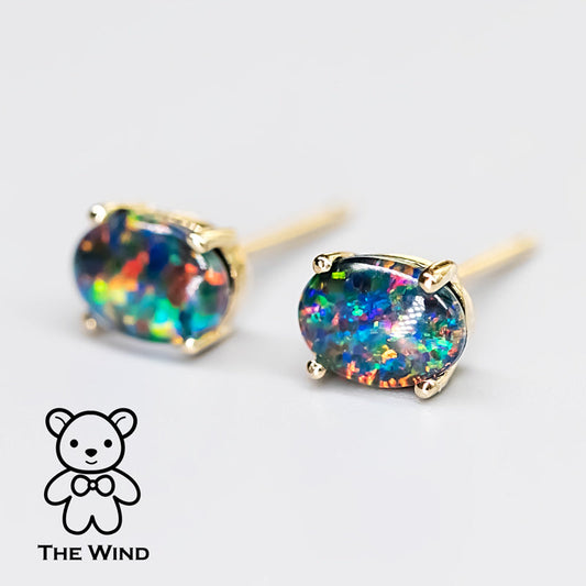 Minimalist Oval Australian Triplet Opal Stud Earrings 14k Yellow Gold