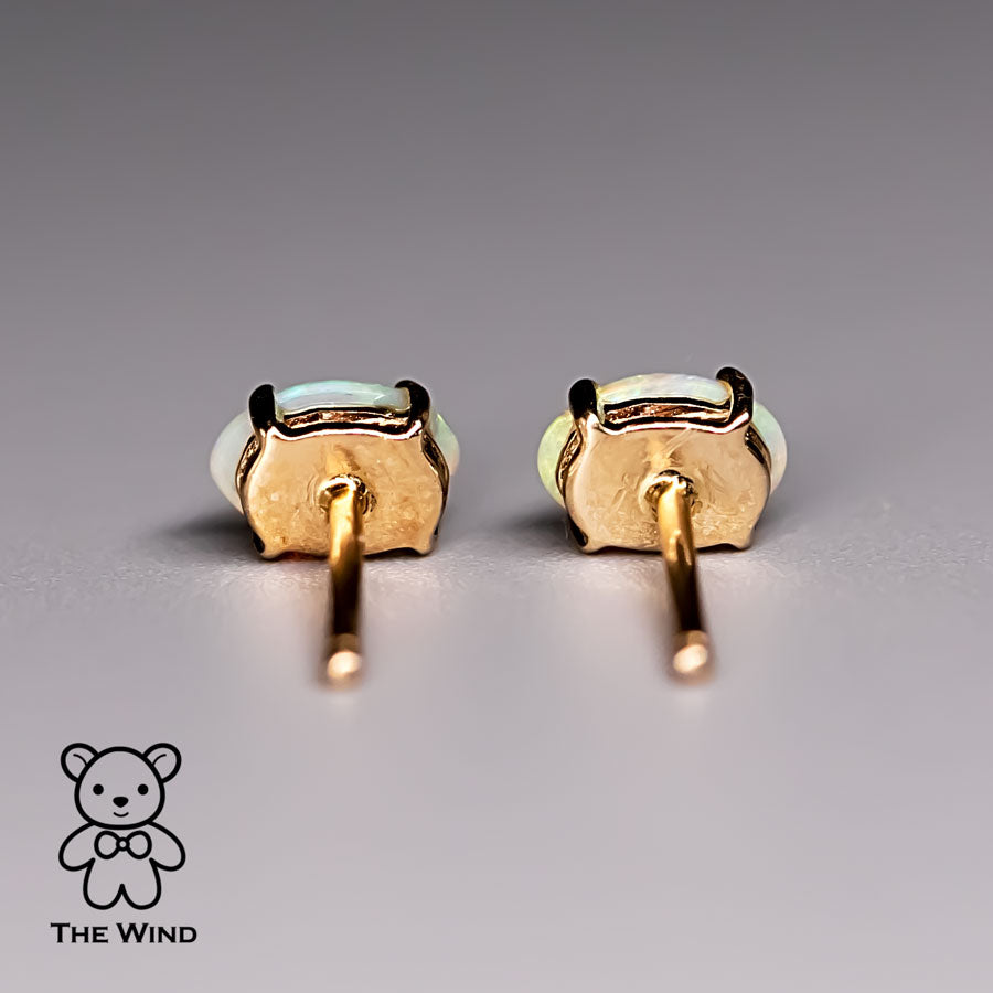 Oval Shaped Australian Solid Opal Stud Earrings 14K Yellow Gold