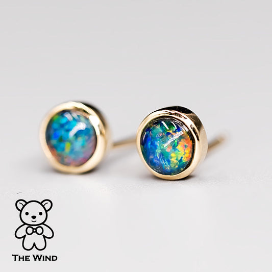 Minimalist Round Shaped Australian Triplet Opal Stud Earrings 14K Yellow Gold