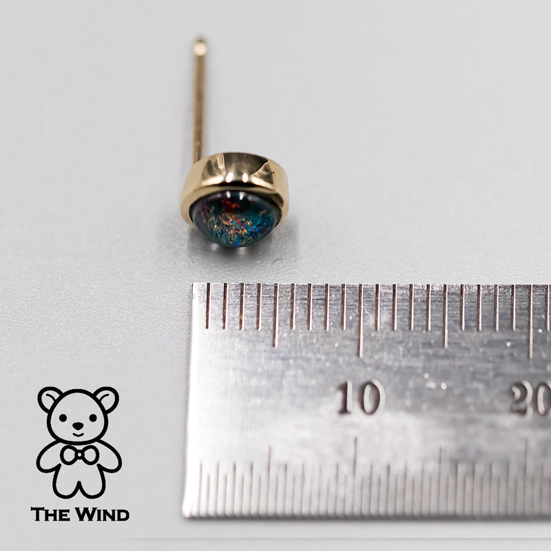 Minimalist Round Shaped Australian Triplet Opal Stud Earrings 14K Yellow Gold