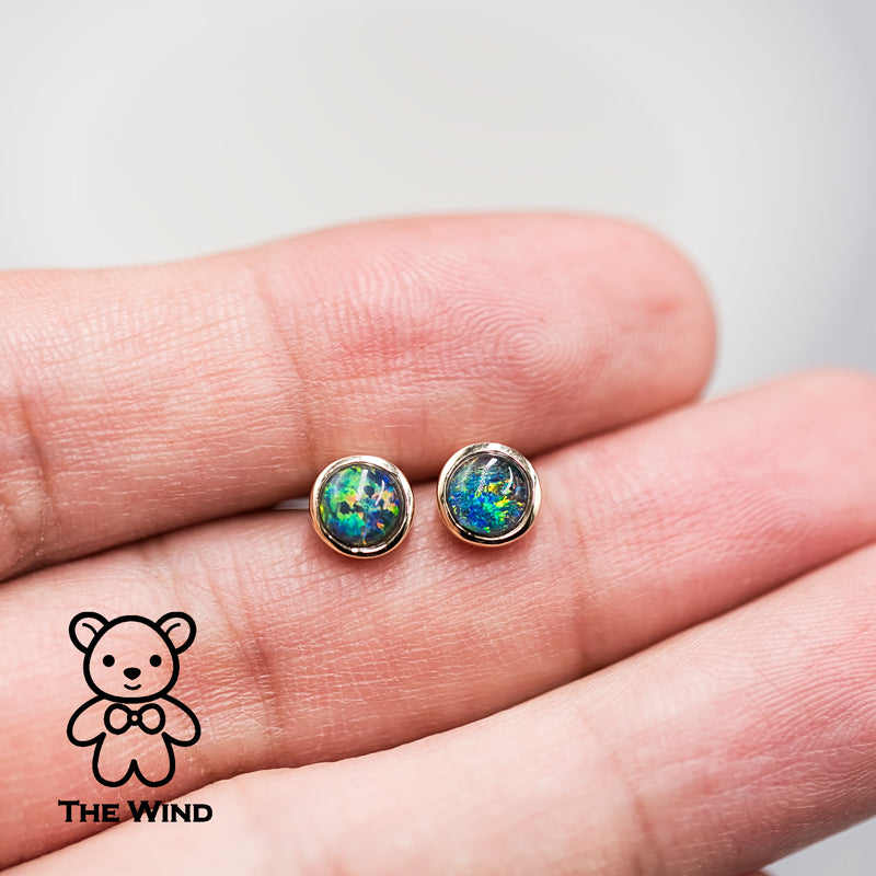 Minimalist Round Shaped Australian Triplet Opal Stud Earrings 14K Yellow Gold