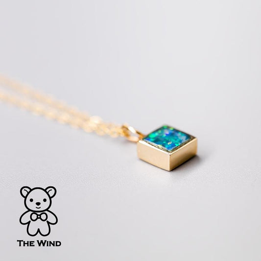 Geometric Square Shaped Australian Doublet Opal Pendant 14k Yellow Gold