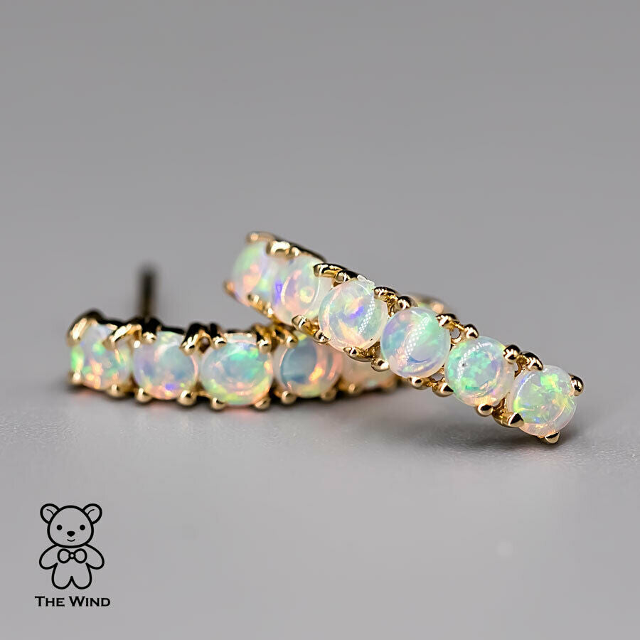Minimalist Australian Solid Opal Curved Stud Earrings 14K Yellow Gold