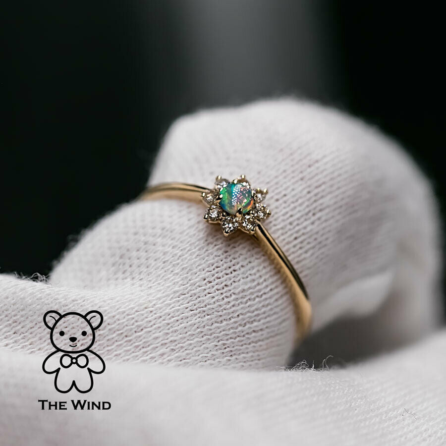 Minimalist Australian Solid Opal Diamond Hola Ring 18K Yellow Gold