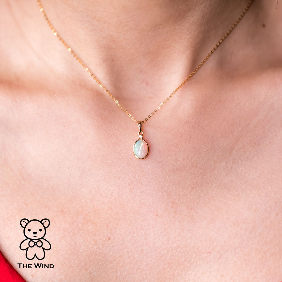 Minimalist Oval Australian Solid Opal & Diamond Pendant Necklace 18k Yellow Gold