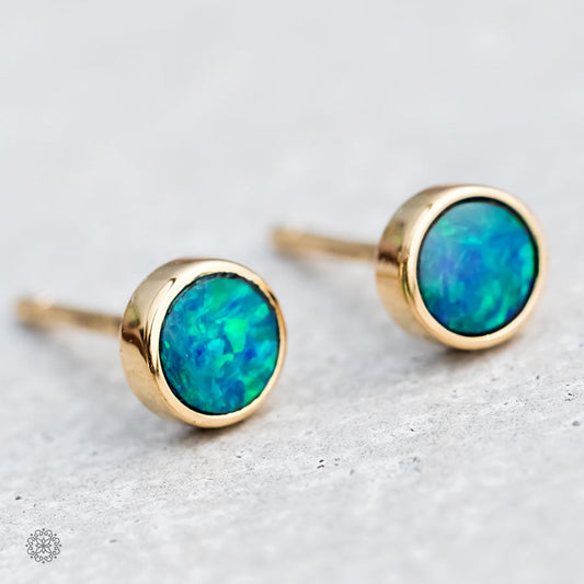 Minimalist Round Australian Doublet Opal Stud Earrings 18k Yellow Gold