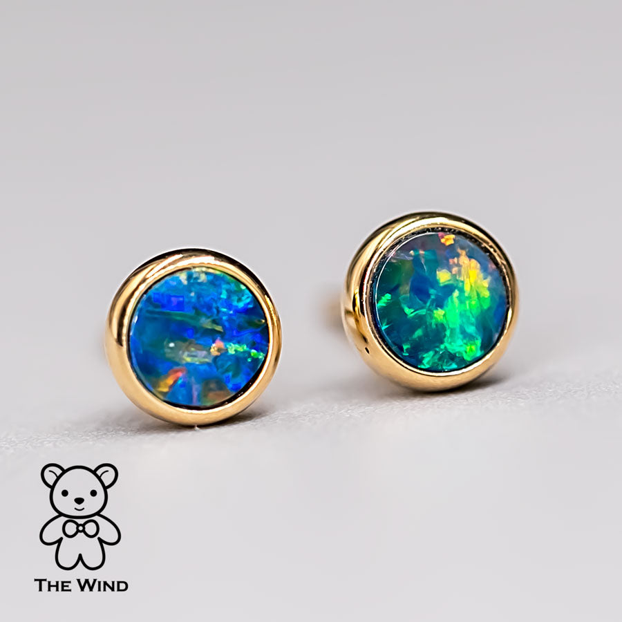 Minimalist Round Australian Doublet Opal Stud Earrings 18k Yellow Gold