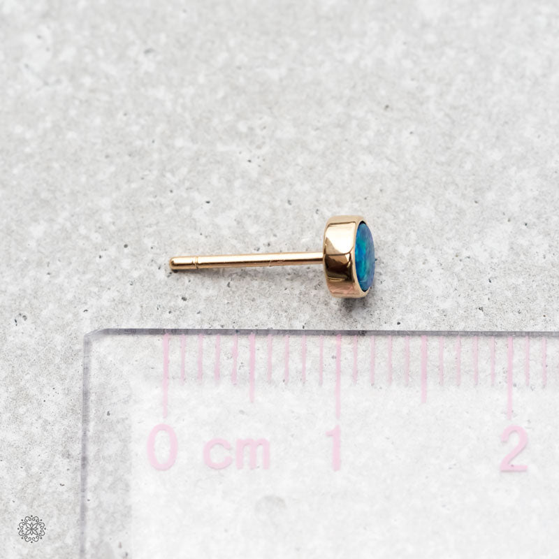 Minimalist Round Australian Doublet Opal Stud Earrings 18k Yellow Gold