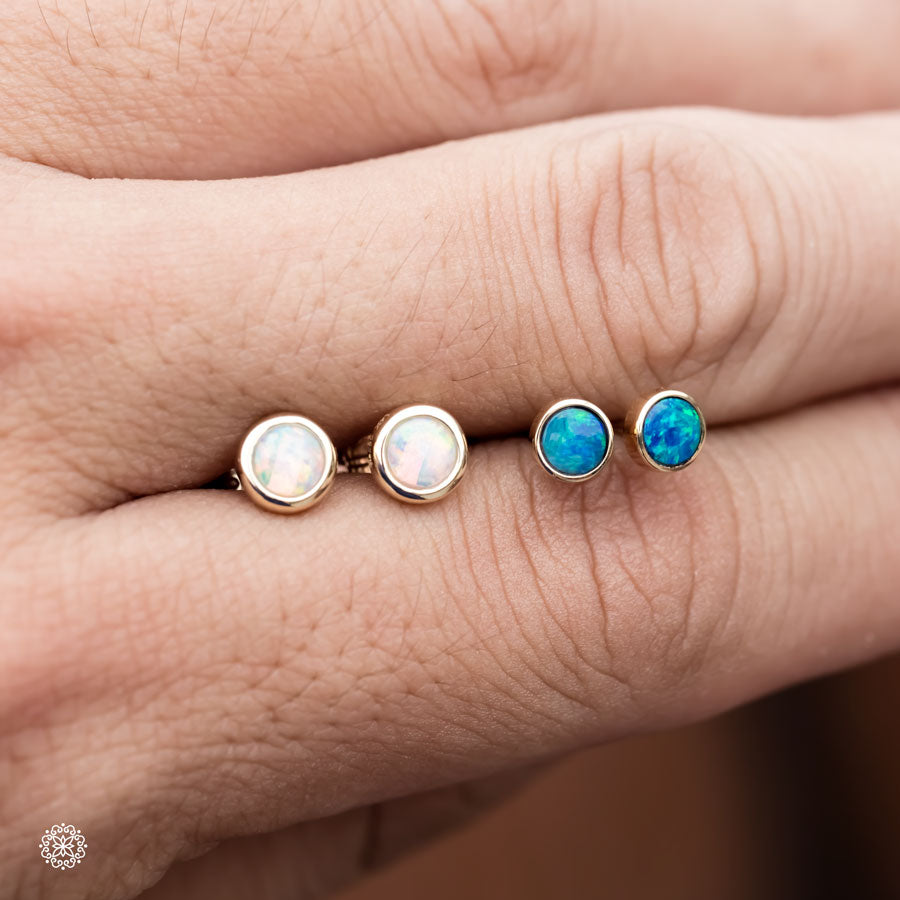Minimalist Round Australian Doublet Opal Stud Earrings 18k Yellow Gold