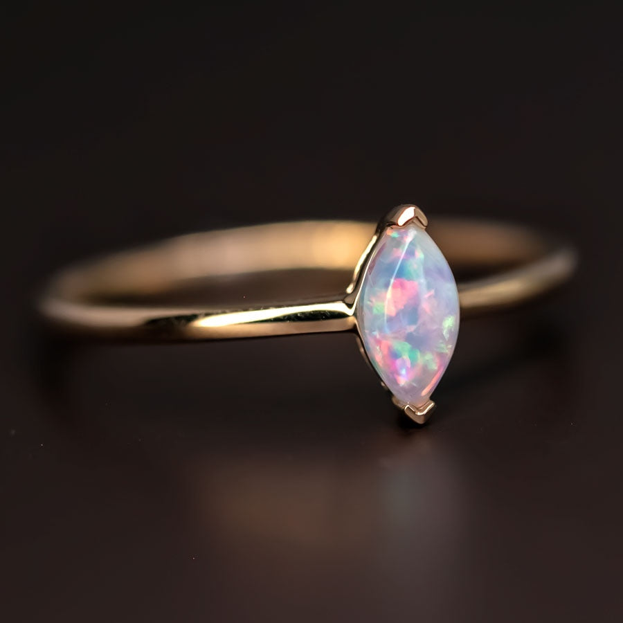 Minimalist Marquise Australian Opal Engagement Ring 14K Yellow Gold