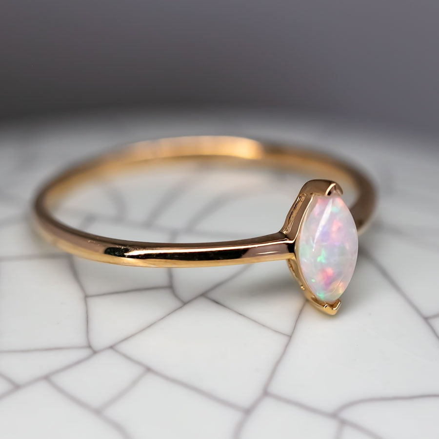 Minimalist Marquise Australian Opal Engagement Ring 14K Yellow Gold