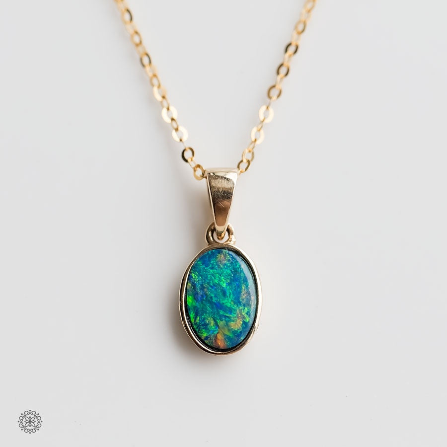 Minimalist Oval Natural Australian Doublet Opal Necklace 14k Yellow Gold