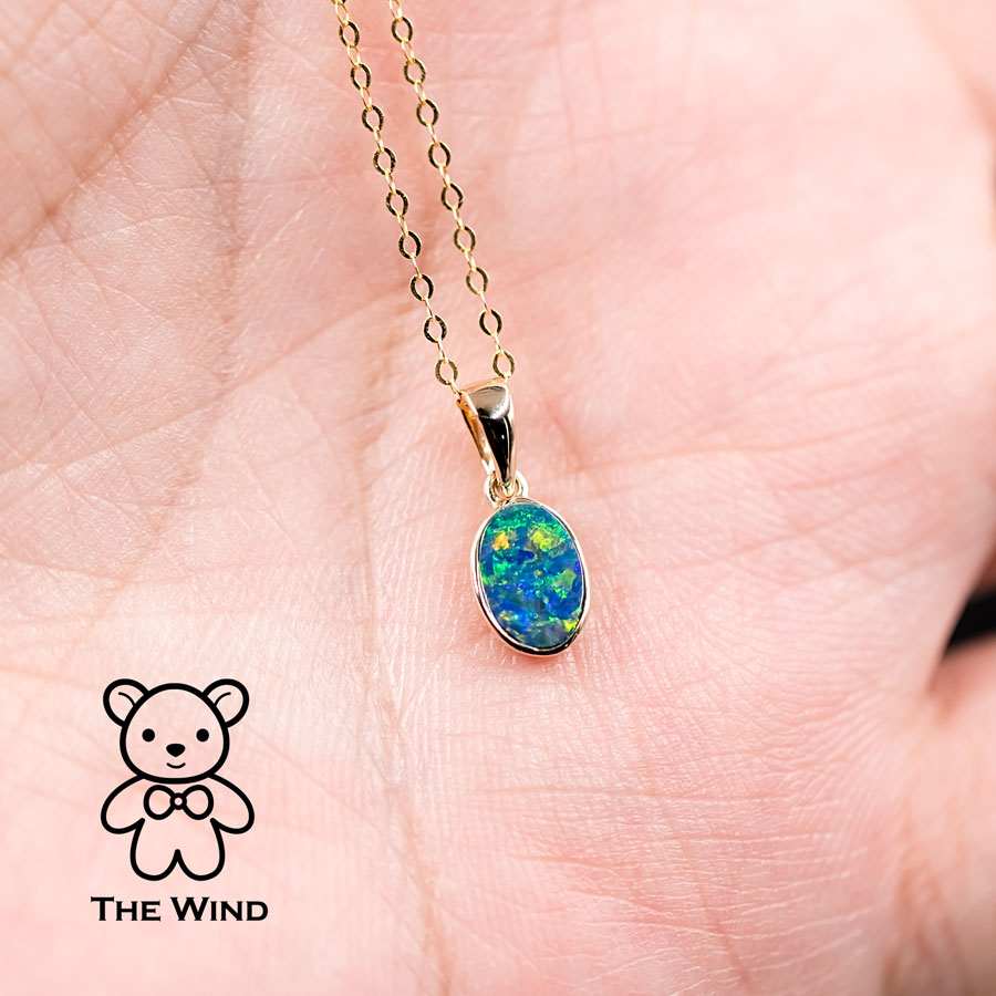 Minimalist Oval Natural Australian Doublet Opal Necklace 14k Yellow Gold