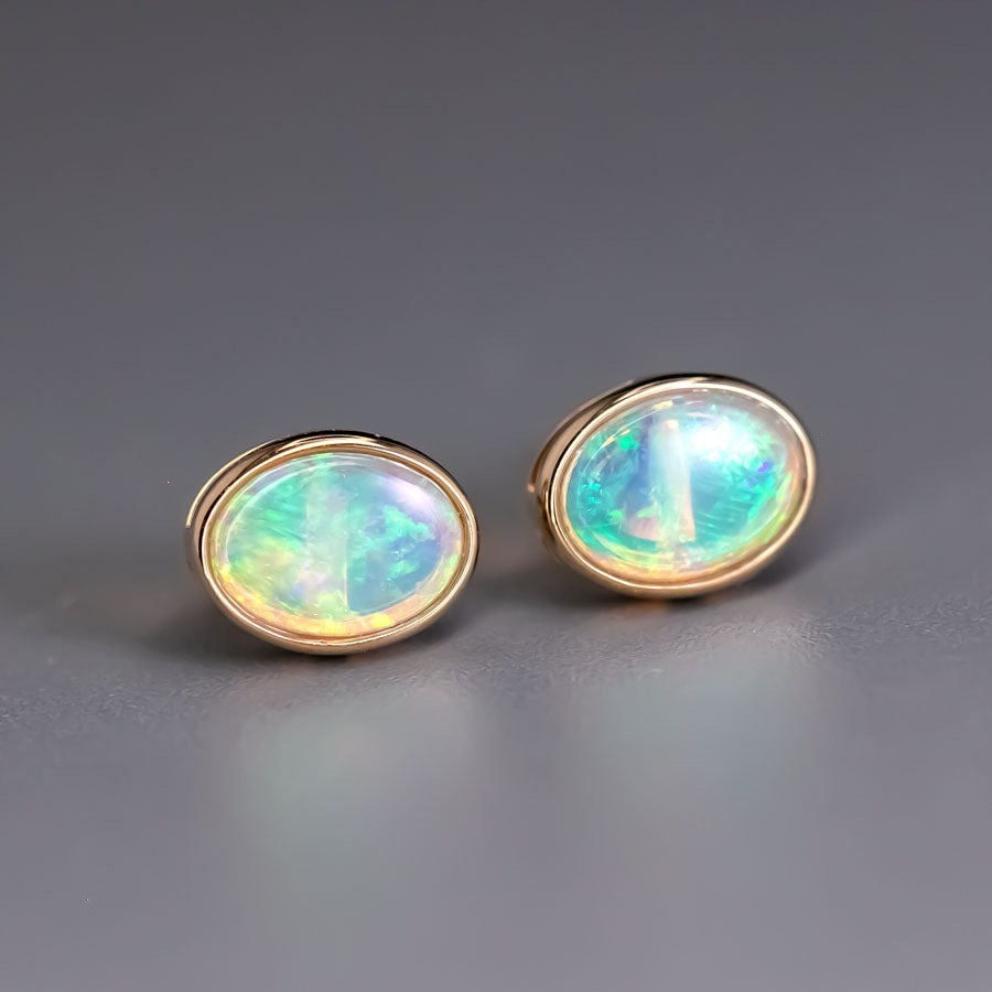 Minimalist Oval Australian Solid Opal Stud Earrings 14k Yellow Gold