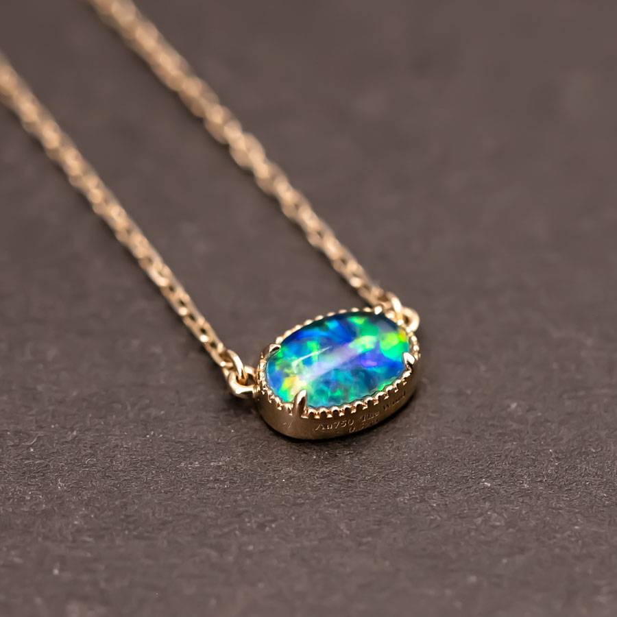 Minimalist Oval Shaped Triplet Opal Necklace 18K Yellow Gold