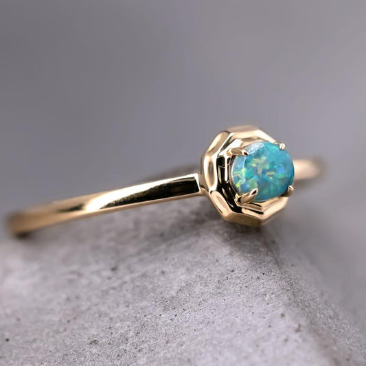 Minimalist Round Black Opal Engagement Wedding Ring 18K Yellow Gold