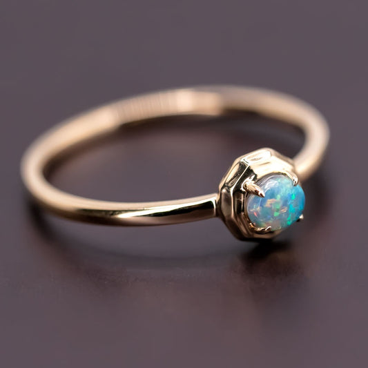 Minimalist Round Black Opal Engagement Wedding Ring 18K Yellow Gold