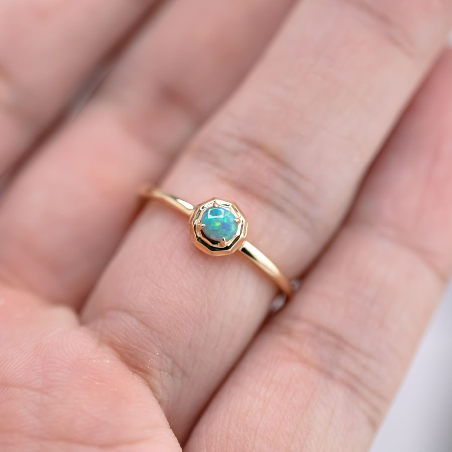 Minimalist Round Black Opal Engagement Wedding Ring 18K Yellow Gold