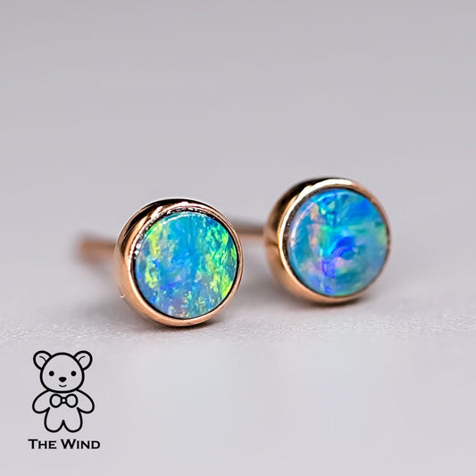 Minimalist Round Doublet Opal Stud Earrings 18k Rose Gold