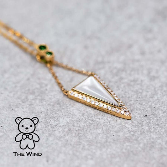 Elegant Triangle Mother of Pearl Diamond Tsavorite Pendant Necklace 18k Yellow Gold