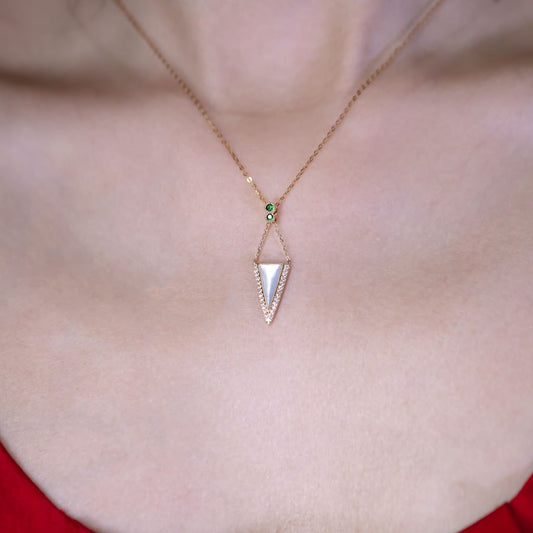 Elegant Triangle Mother of Pearl Diamond Tsavorite Pendant Necklace 18k Yellow Gold