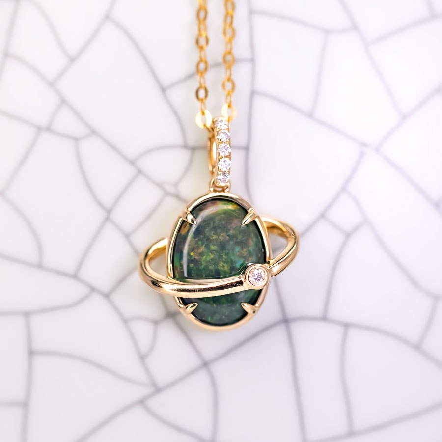 N1 Australian Black Opal & Diamond Earth Moon Necklace 18K Yellow Gold