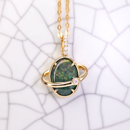 N1 Australian Black Opal & Diamond Earth Moon Necklace 18K Yellow Gold
