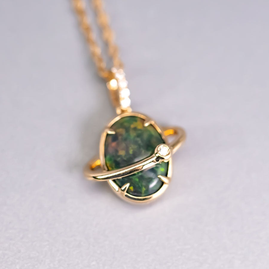 N1 Australian Black Opal & Diamond Earth Moon Necklace 18K Yellow Gold