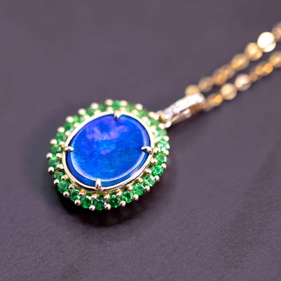 N1 Black Opal Halo Tsavorite Diamond Necklace 18k Yellow Gold
