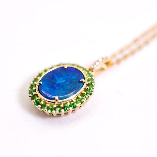 N1 Black Opal Halo Tsavorite Diamond Necklace 18k Yellow Gold