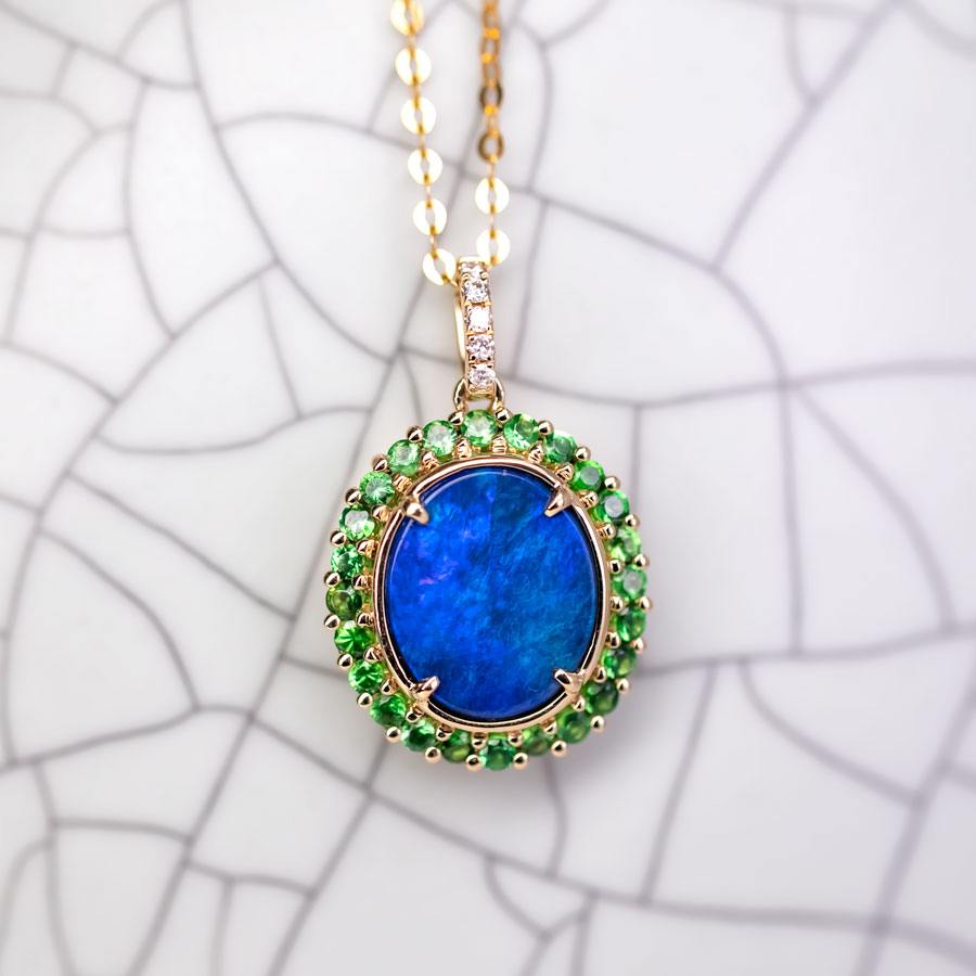 N1 Black Opal Halo Tsavorite Diamond Necklace 18k Yellow Gold