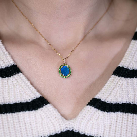 N1 Black Opal Halo Tsavorite Diamond Necklace 18k Yellow Gold