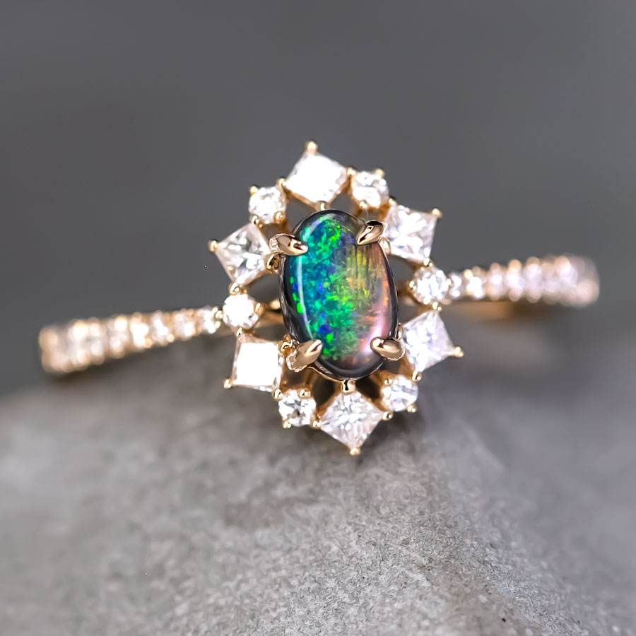 N1 Black Opal Princess Diamond Halo Engagement Ring 18K Yellow Gold
