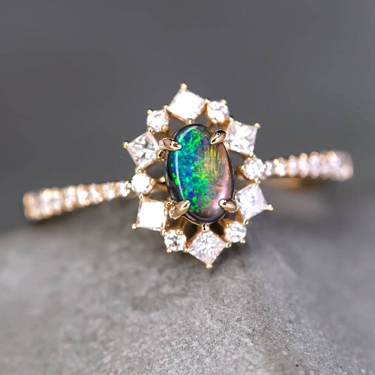 N1 Black Opal  Princess Diamond Halo Engagement Ring 18K Yellow Gold