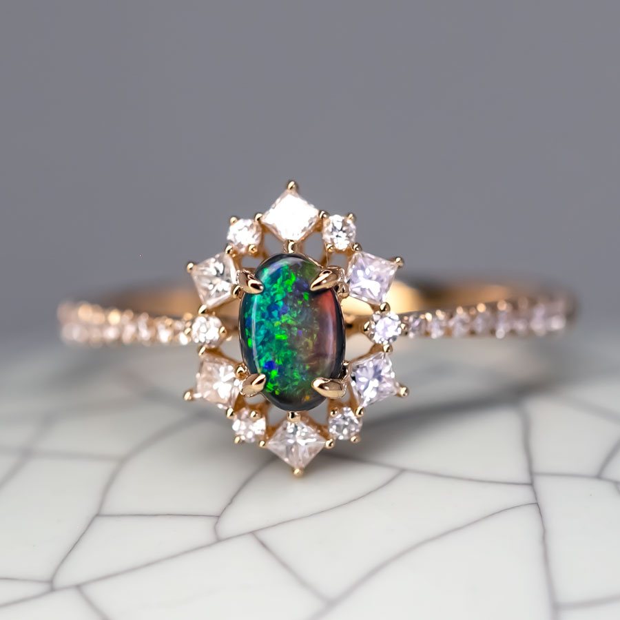 N1 Black Opal Princess Diamond Halo Engagement Ring 18K Yellow Gold