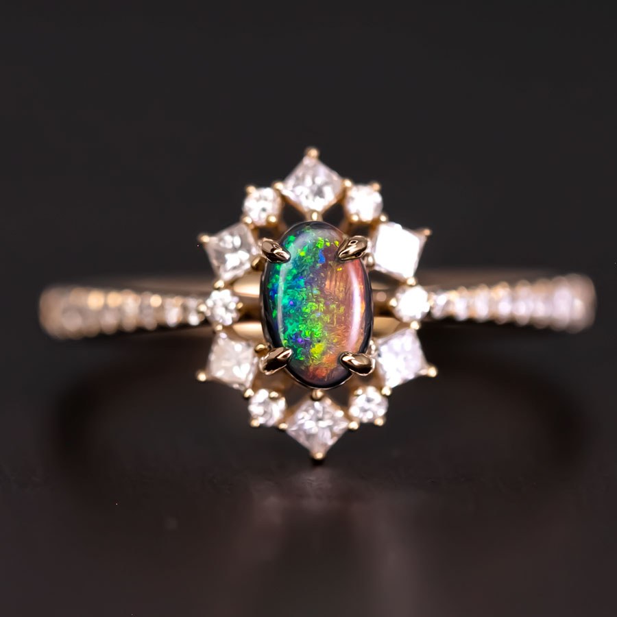 N1 Black Opal Princess Diamond Halo Engagement Ring 18K Yellow Gold