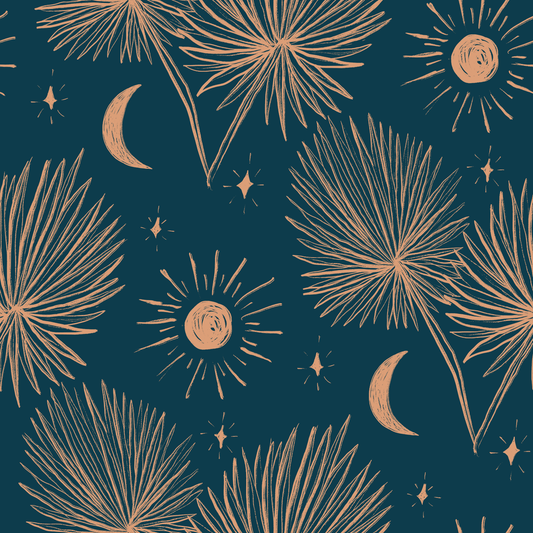 Night Palm Wallpaper, navy and terra cotta