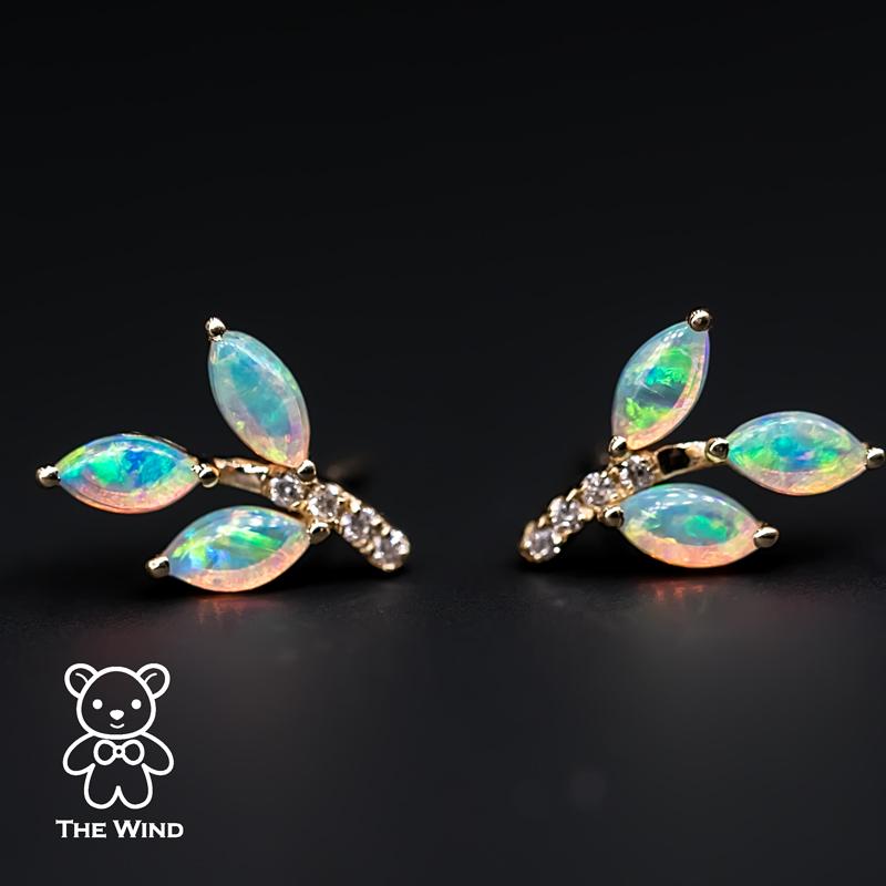 Olive Branch Leaf Design Australian Solid Opal Diamond Stud Earrings 14K Yellow Gold