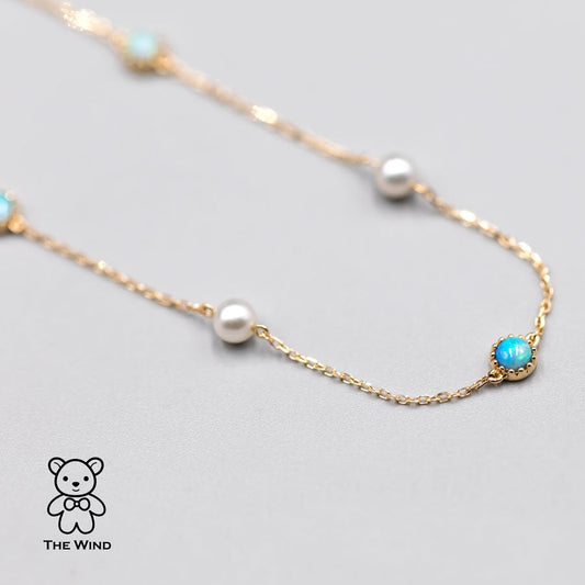 Minimalist Australian Solid Opal & Pearl Bracelet 18k Yellow Gold