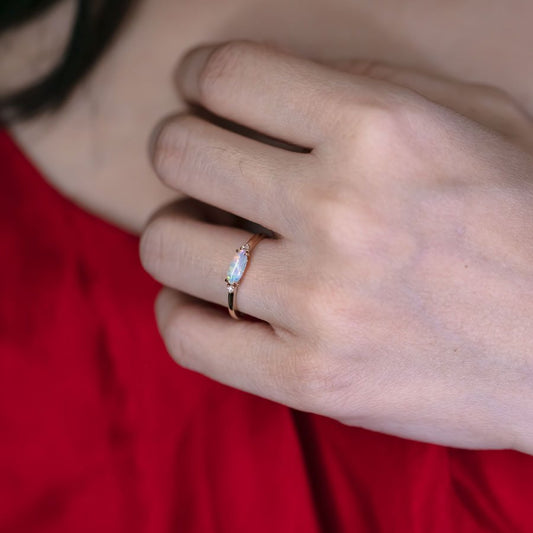 Opal Fossil Shell Diamond Engagement Ring 14K Yellow Gold