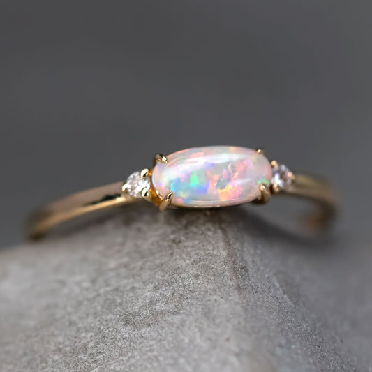 Opal Fossil Shell Diamond Engagement Ring 14K Yellow Gold